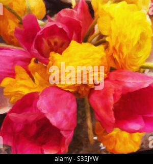 Bouquet di fiori rosa e giallo con tulipani e rose. Foto Stock