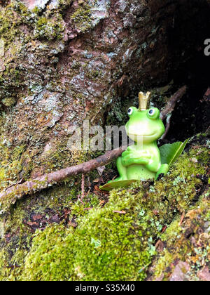 Giocattolo rana con corona dorata accoglie gli escursionisti in una difficile vetta di montagna con il suo sorriso Foto Stock