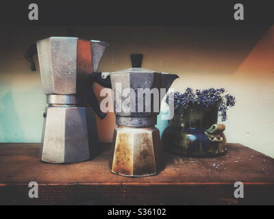 Due vecchi caffè arrugginito con fiori secchi viola su una mensola di legno Foto Stock