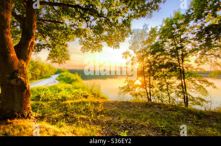 Colorati e drammatico all'alba o al tramonto Cielo sopra una foresta lago, con riflessi nell'acqua Foto Stock