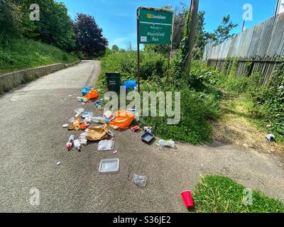 I rifiuti sono visti in Mountsfield Park dopo la festa di banca il 26 maggio a Lewisham Londra, Regno Unito Foto Stock