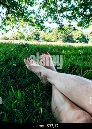 Le gambe della donna si rilassano in un campo d’erba Foto Stock