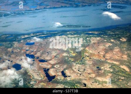 Fotografia aerea, Churchill, Manitoba, campagna, lontano nord, fiume Churchill, Hudson Bay, Foto Stock