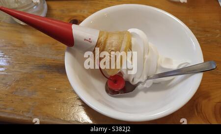 Gelato alla vaniglia servito in un ristorante locale a Fujiyoshida, Yamanashi, Giappone. Foto Stock