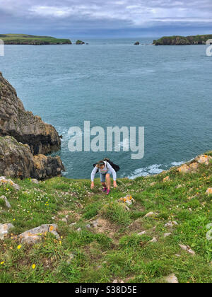 Una donna che si arrampica su un ripido sentiero sul punto di Giltar vicino a Tenby, Pembrokeshire, Galles. Caldy Island è sullo sfondo. Foto Stock