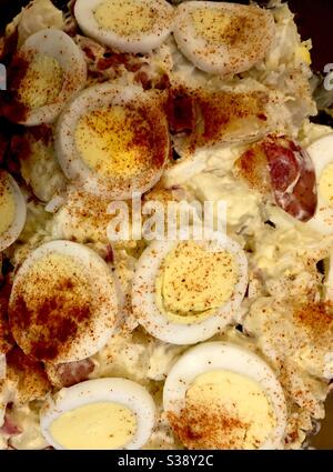 Primo piano dell'insalata di patate guarnita con uova sode e paprika. Foto Stock