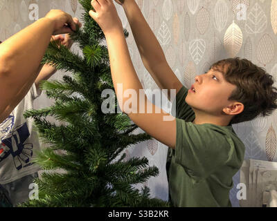 Un ragazzo aiuta a mettere insieme un albero di Natale artificiale come parte di mettere su le decorazioni di festa. Foto Stock