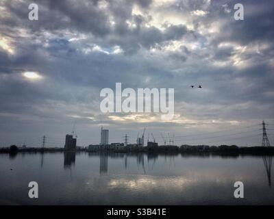 Due anatre selvagge sorvolano i serbatoi delle Walthamstow Wetlands in una fredda giornata invernale, guardando attraverso il lago artificiale di Lockwood verso Tottenham Hale Foto Stock