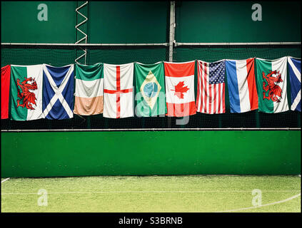 Una fila di bandiere nazionali - Galles, Scozia, Irlanda, Inghilterra, Brasile, Canada, USA, Francia, Paesi Bassi, Galles, Scozia. PhotoCredit - ©️ COLIN HOSKINS. Foto Stock