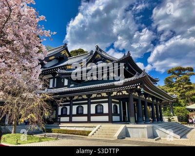 Tradizionale tempio buddista giapponese con fiori di ciliegio a Kamakura, Giappone. Foto Stock