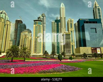 Vista dalla metropolitana di Dubai presso gli edifici moderni e i fiori intorno a Sheikh Zayed Road, Emirati Arabi Uniti. Foto Stock