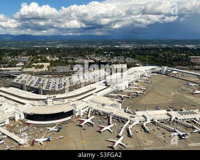 Aeroporto internazionale di Seattle-Tacoma visto dall'alto. Foto Stock