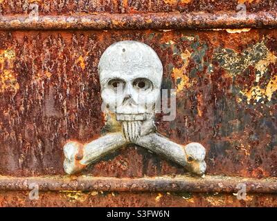 Cranio e crossone su sfondo metallico arrugginito Foto Stock