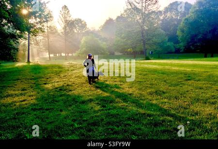 Una donna e il suo cane in un parco incantevole in una bella mattina, Ontario, Canada. Scivolanti di sole che illuminano il paesaggio. Esplorare la natura. Bagnata da luce soffusa. Foto Stock