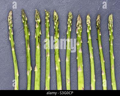 Dieci cesoie di asparagi posate su un'ardesia Foto Stock