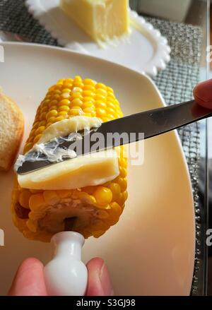 Primo piano di un uomo che buttering mais sulla pannocchia, Stati Uniti Foto Stock