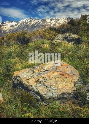 Primo piano di una roccia accanto all'Hooker Valley Track nel Parco Nazionale di Aoraki Mount Cook Foto Stock