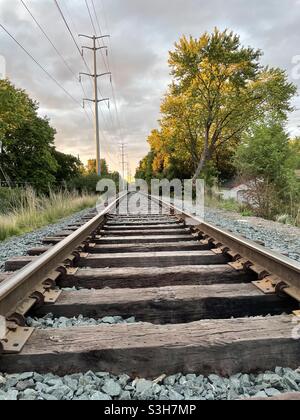 Binari ferroviari in Minnesota. Collegamenti ferroviari e linee elettriche per il punto di fuga in una serata estiva del Midwest. Foto Stock