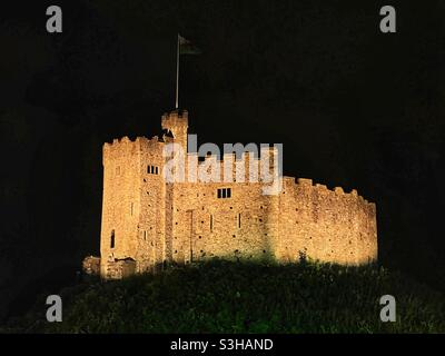 Il castello di Cardiff è illuminato di notte Foto Stock