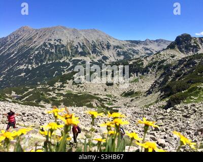 Escursioni in Bulgaria. Escursionisti sul sentiero moraines fiume in pietra al Todorka Peak nel Parco Nazionale e Riserva Pirin, Pirin montagna, Bulgaria, Balcani, Europa Foto Stock