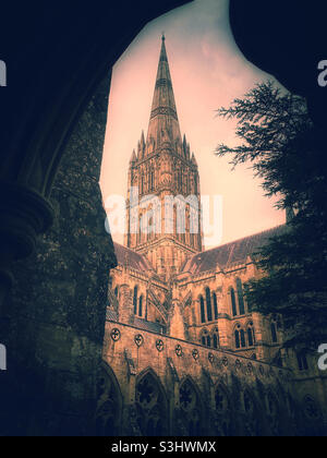 Una vista creativa della famosissima Sgula della Cattedrale di Salisbury, Wiltshire, Inghilterra. Questa vista è dal grande chiostro della Cattedrale. La spire è la più alta del Regno Unito, a 123 metri. Foto ©️ CH. Foto Stock