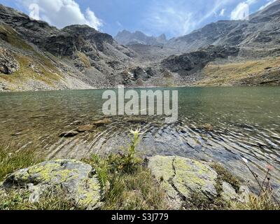 Lago Alpino LANguard, Pontresina, Engadin, Svizzera Foto Stock