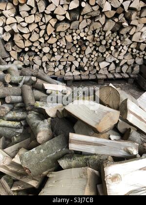 Mucchio di tronchi di legno per legna da ardere in un capannone, Regno Unito Foto Stock