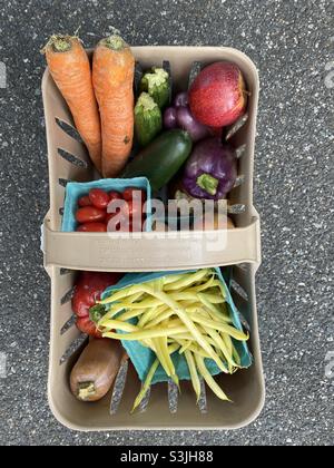 Un cestino pieno di verdure e frutta coltivate in modo biologico. Foto Stock