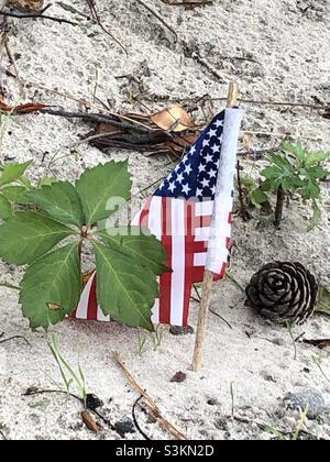 Piccola bandiera americana nella sabbia che circonda il monumento commemorativo del 9/11 al Jones Beach state Park Foto Stock