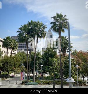 LOS ANGELES, CA, FEB 2021: City Hall con palme in primo piano, Downtown Foto Stock