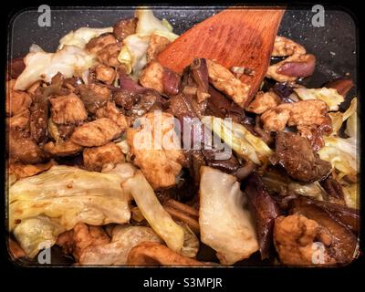 Pollo saltato con melanzane e cavolo taiwanese. Foto Stock