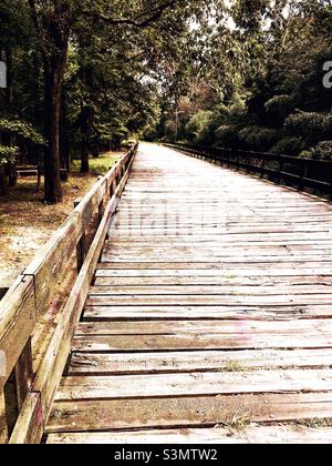 Strada di legno che va a Red Oak Creek Covered Bridge a Woodbury Georgia USA. Foto Stock