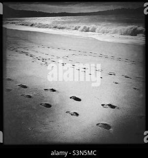 Stampe dei piedi sulla spiaggia. Carmel by the Sea, CA. Foto Stock