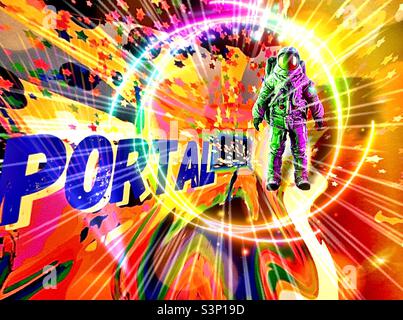 Le app IOS hanno scattato una semplice fotografia per iPhone guardando fuori da una porta del Dock ricevente e creato un portale psichedelico e soprannaturale nello spazio. Foto Stock