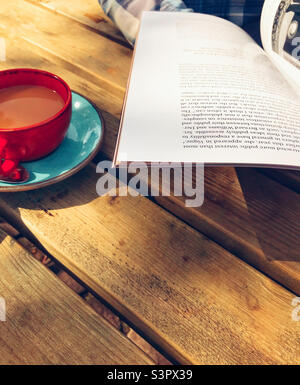 Leggere una rivista lucida e avere una tazza di tè. Foto Stock