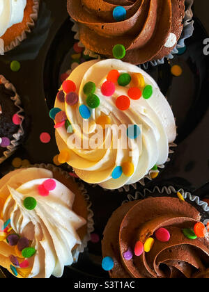 Cupcake glassati al cioccolato e alla vaniglia con spolverini colorati. Foto Stock