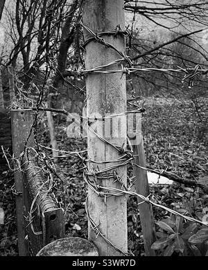 La recinzione a filo spinato e appuntito circonda il perimetro del terreno agricolo rendendo chiaro che non è consentito l'accesso non autorizzato (bianco e nero) Foto Stock