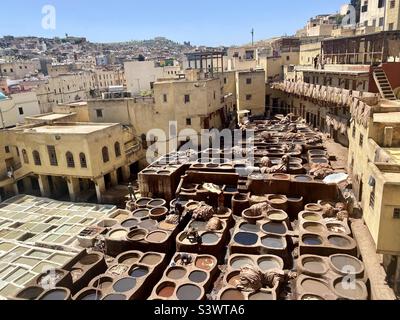 Chouara Tannery a Fez, Marocco, Nord Africa Foto Stock