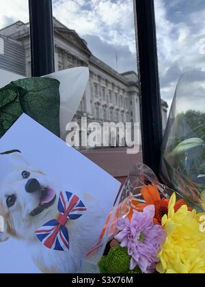 Tributi floreali, lettere, palloncini e foto a Buckingham Palace per rendere omaggio alla morte della regina Elisabetta II. 11th settembre 2022, Londra. Foto Stock