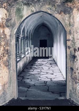 I chiostri delle rovine abbandonate decadenti di Muckross Abbey, contea Kerry, Killarney, Irlanda. Foto Stock