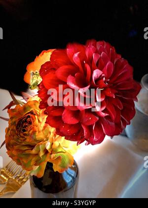 Tagliare dahlias giardino in un vaso di vetro che decorano un piano tavolo. Foto Stock