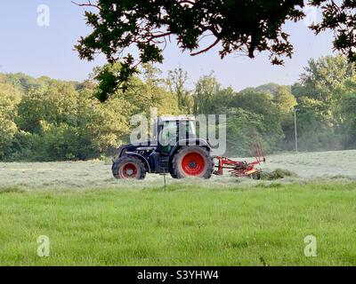 Fare il fieno mentre il sole splende - un trattore con le ruote rosse rastrella sopra l'erba tagliata asciutta nel processo di Haymaking in estate, Somerset, Inghilterra Foto Stock