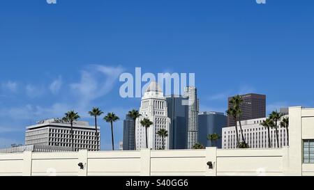 LOS ANGELES, CA, LUGLIO 2022: Municipio e edifici governativi, con grattacieli del centro sullo sfondo, palme di fronte, vista su un alto muro di cemento Foto Stock