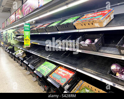 Scaffali vuoti e la frutta fresca e navata in un supermercato del Regno Unito. Foto Stock