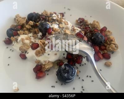 Immagine closeup di una ciotola per la colazione di yogurt biologico, muesli, mirtilli, arili di melograno, semi di chia e miele Foto Stock