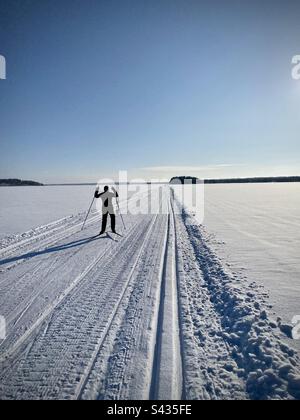 Una donna che pratica sci di fondo in una vacanza sportiva all'aperto su un lago ghiacciato nella regione del Circolo polare Artico in Finlandia Foto Stock