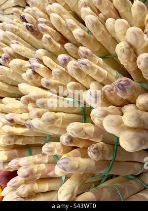 Pacchetti di asparagi bianchi in vendita in un mercato di strada francese. Foto Stock