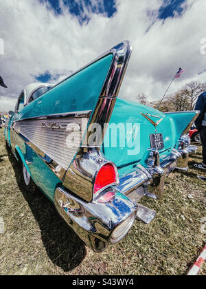 Chevrolet Bel Air tail fin, al Singleton Park Car Show, 1 maggio 2023, Galles, Regno Unito. Foto Stock