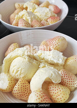 Fragole di Florida Pearl con gelato alla vaniglia. Foto Stock
