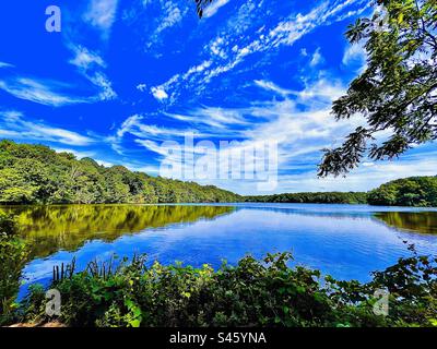 Splendida vista estiva del New Mill Pond nel Blydenburgh County Park lungo il Long Island Greenbelt Trail Foto Stock